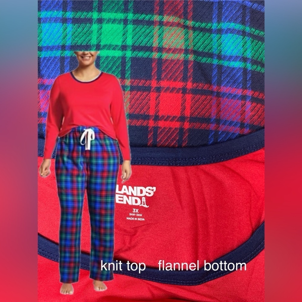 🔥LANDSEND WOMENS PJ SET Knit Tee Shirt Top & Cotton Flannel Pants